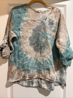 Kaktus Tie-Dye V-Neck Tunic in Teal and Taupe